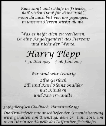 Anzeige von Harry Plepp von Kölner Stadt-Anzeiger / Kölnische Rundschau / Express