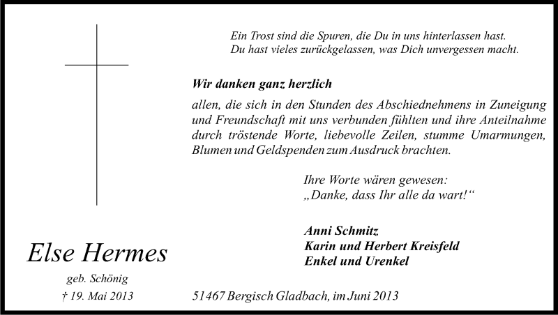  Traueranzeige für Else Hermes vom 22.06.2013 aus Kölner Stadt-Anzeiger / Kölnische Rundschau / Express