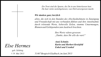 Anzeige von Else Hermes von Kölner Stadt-Anzeiger / Kölnische Rundschau / Express