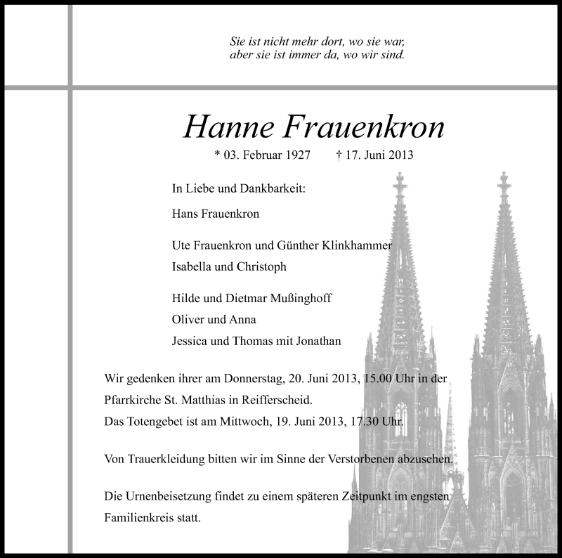  Traueranzeige für Hanne Frauenkron vom 19.06.2013 aus Kölner Stadt-Anzeiger / Kölnische Rundschau / Express