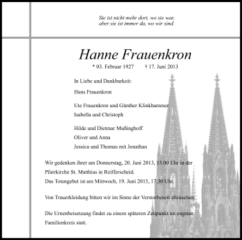 Anzeige von Hanne Frauenkron von Kölner Stadt-Anzeiger / Kölnische Rundschau / Express
