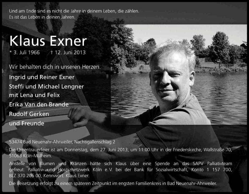  Traueranzeige für Klaus Exner vom 22.06.2013 aus Kölner Stadt-Anzeiger / Kölnische Rundschau / Express