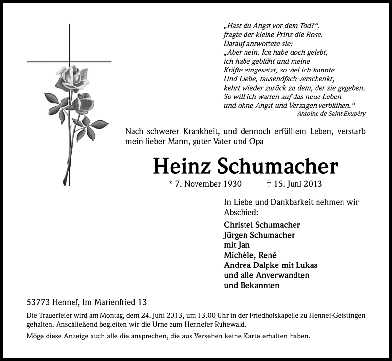  Traueranzeige für Heinz Schumacher vom 22.06.2013 aus Kölner Stadt-Anzeiger / Kölnische Rundschau / Express