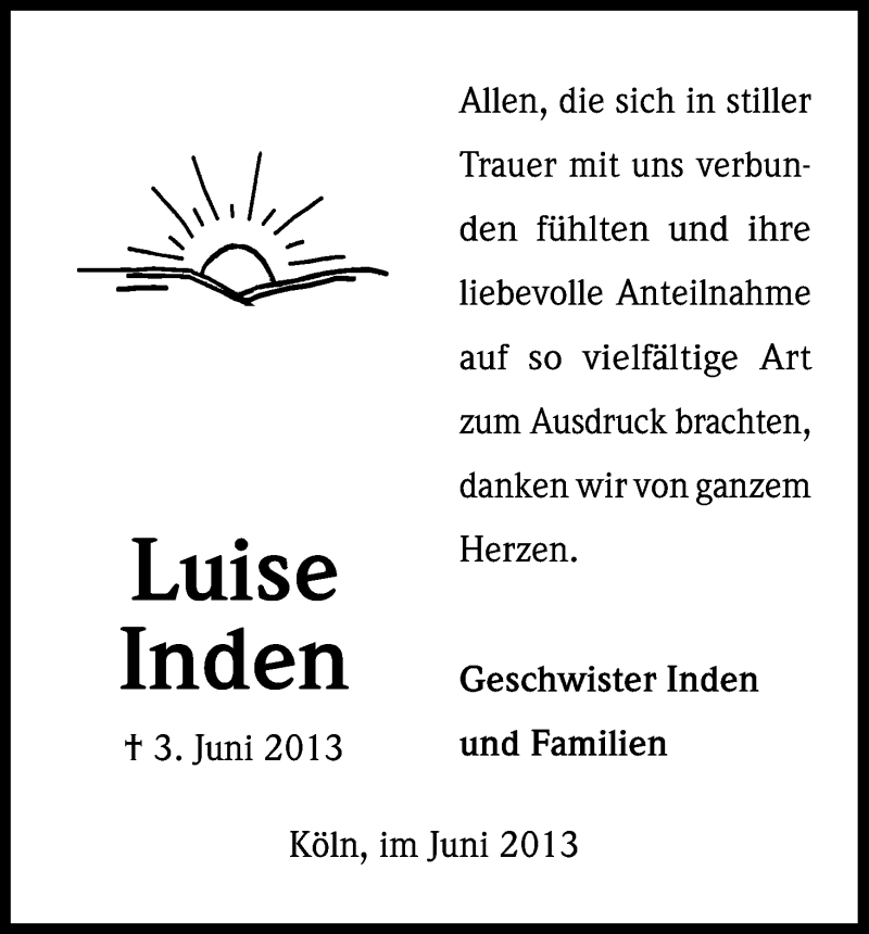  Traueranzeige für Luise Inden vom 22.06.2013 aus Kölner Stadt-Anzeiger / Kölnische Rundschau / Express