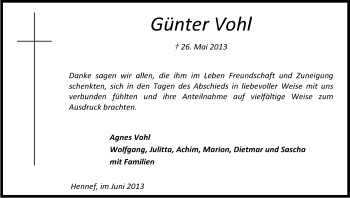Anzeige von Günter Vohl von Kölner Stadt-Anzeiger / Kölnische Rundschau / Express