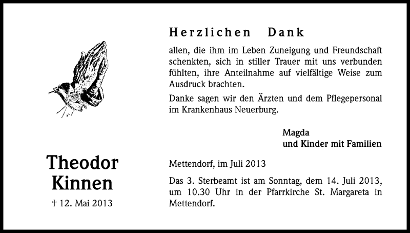  Traueranzeige für Theodor Kinnen vom 06.07.2013 aus Kölner Stadt-Anzeiger / Kölnische Rundschau / Express