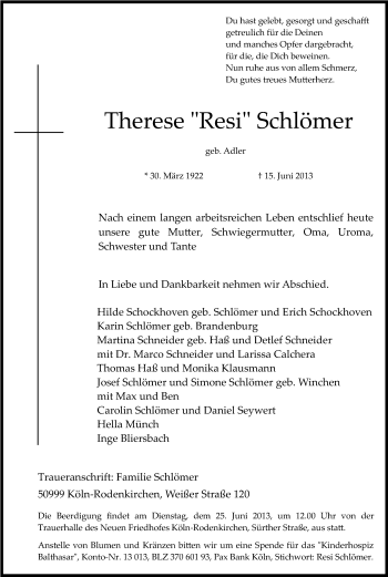 Anzeige von Therese Schlömer von Kölner Stadt-Anzeiger / Kölnische Rundschau / Express