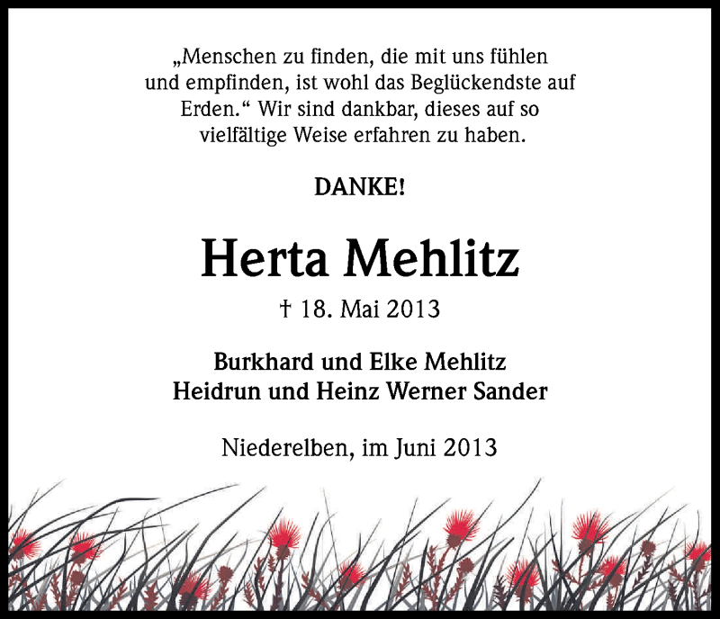  Traueranzeige für Herta Mehlitz vom 22.06.2013 aus Kölner Stadt-Anzeiger / Kölnische Rundschau / Express