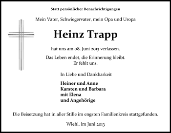 Anzeige von Heinz Trapp von Kölner Stadt-Anzeiger / Kölnische Rundschau / Express