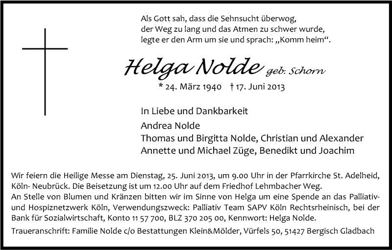  Traueranzeige für Helga Nolde vom 22.06.2013 aus Kölner Stadt-Anzeiger / Kölnische Rundschau / Express
