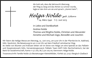 Anzeige von Helga Nolde von Kölner Stadt-Anzeiger / Kölnische Rundschau / Express