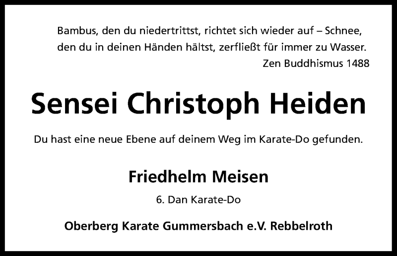  Traueranzeige für Sensei Christoph Heiden vom 20.06.2013 aus Kölner Stadt-Anzeiger / Kölnische Rundschau / Express