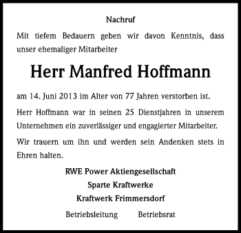 Anzeige von Manfred Hoffmann von Kölner Stadt-Anzeiger / Kölnische Rundschau / Express