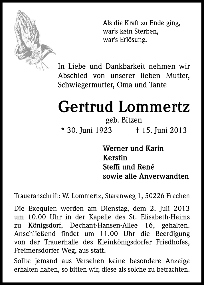  Traueranzeige für Gertrud Lommertz vom 22.06.2013 aus Kölner Stadt-Anzeiger / Kölnische Rundschau / Express