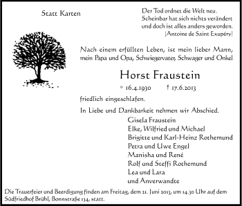Anzeige von Horst Fraustein von Kölner Stadt-Anzeiger / Kölnische Rundschau / Express