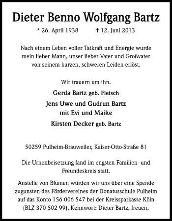 Anzeige von Dieter Benno Wolfgang Bartz von Kölner Stadt-Anzeiger / Kölnische Rundschau / Express