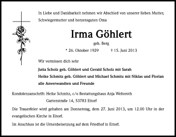 Anzeige von Irma Göhlert von Kölner Stadt-Anzeiger / Kölnische Rundschau / Express