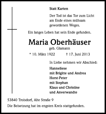 Anzeige von Maria Oberhäuser von Kölner Stadt-Anzeiger / Kölnische Rundschau / Express
