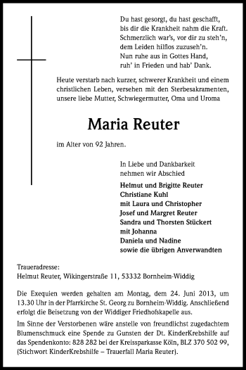 Anzeige von Maria Reuter von Kölner Stadt-Anzeiger / Kölnische Rundschau / Express