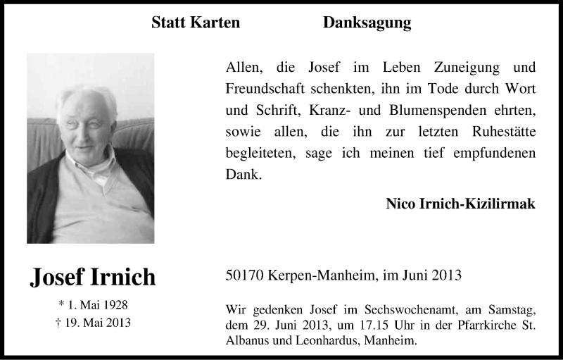  Traueranzeige für Josef Irnich vom 22.06.2013 aus Kölner Stadt-Anzeiger / Kölnische Rundschau / Express