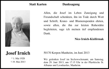Anzeige von Josef Irnich von Kölner Stadt-Anzeiger / Kölnische Rundschau / Express