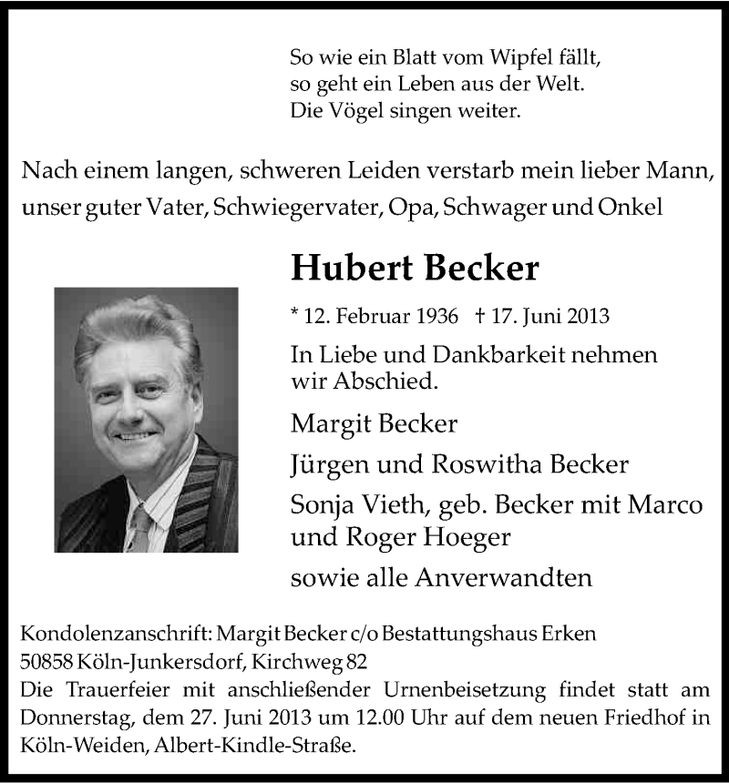  Traueranzeige für Hubert Becker vom 22.06.2013 aus Kölner Stadt-Anzeiger / Kölnische Rundschau / Express