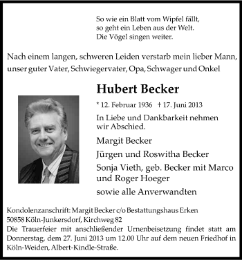 Anzeige von Hubert Becker von Kölner Stadt-Anzeiger / Kölnische Rundschau / Express