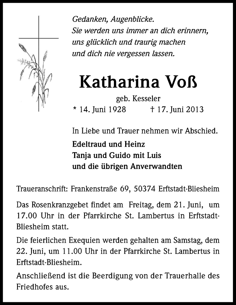  Traueranzeige für Katharina Voß vom 20.06.2013 aus Kölner Stadt-Anzeiger / Kölnische Rundschau / Express