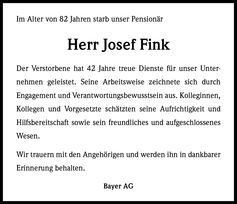  Traueranzeige für Josef Fink vom 20.06.2013 aus Kölner Stadt-Anzeiger / Kölnische Rundschau / Express