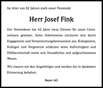 Anzeige von Josef Fink von Kölner Stadt-Anzeiger / Kölnische Rundschau / Express