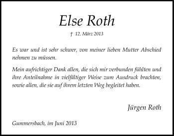 Anzeige von Else Roth von Kölner Stadt-Anzeiger / Kölnische Rundschau / Express
