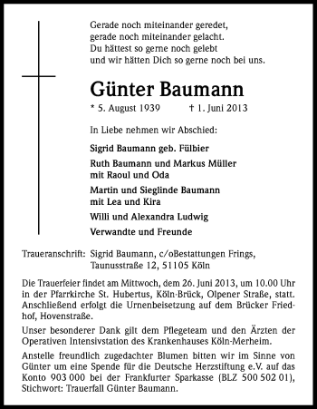 Anzeige von Günter Baumann von Kölner Stadt-Anzeiger / Kölnische Rundschau / Express