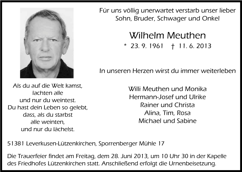  Traueranzeige für Wilhelm Meuthen vom 22.06.2013 aus Kölner Stadt-Anzeiger / Kölnische Rundschau / Express