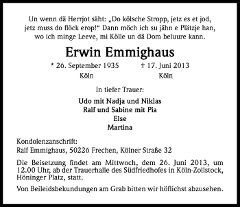 Anzeige von Erwin Emmighaus von Kölner Stadt-Anzeiger / Kölnische Rundschau / Express