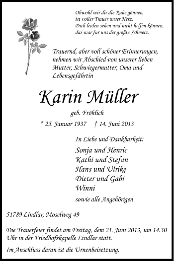 Anzeige von Karin Müller von Kölner Stadt-Anzeiger / Kölnische Rundschau / Express