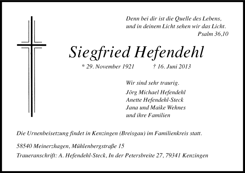  Traueranzeige für Siegfried Hefendehl vom 22.06.2013 aus Kölner Stadt-Anzeiger / Kölnische Rundschau / Express