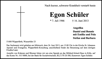 Anzeige von Egon Schüler von Kölner Stadt-Anzeiger / Kölnische Rundschau / Express