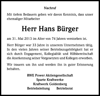 Anzeige von Hans Bürger von Kölner Stadt-Anzeiger / Kölnische Rundschau / Express
