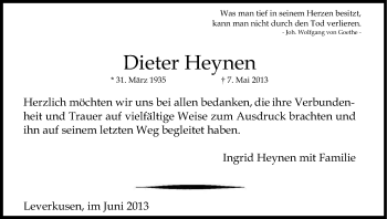 Anzeige von Dieter Heynen von Kölner Stadt-Anzeiger / Kölnische Rundschau / Express