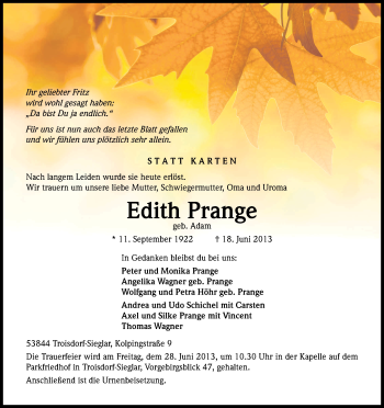 Anzeige von Edith Prange von Kölner Stadt-Anzeiger / Kölnische Rundschau / Express