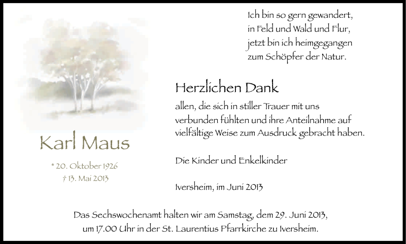  Traueranzeige für Karl Maus vom 22.06.2013 aus Kölner Stadt-Anzeiger / Kölnische Rundschau / Express