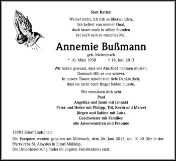 Anzeige von Annemie Bußmann von Kölner Stadt-Anzeiger / Kölnische Rundschau / Express