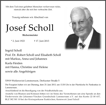Anzeige von Josef Scholl von Kölner Stadt-Anzeiger / Kölnische Rundschau / Express