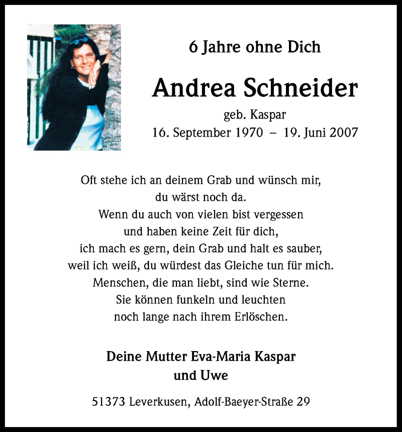  Traueranzeige für Andrea Schneider vom 21.06.2013 aus Kölner Stadt-Anzeiger / Kölnische Rundschau / Express