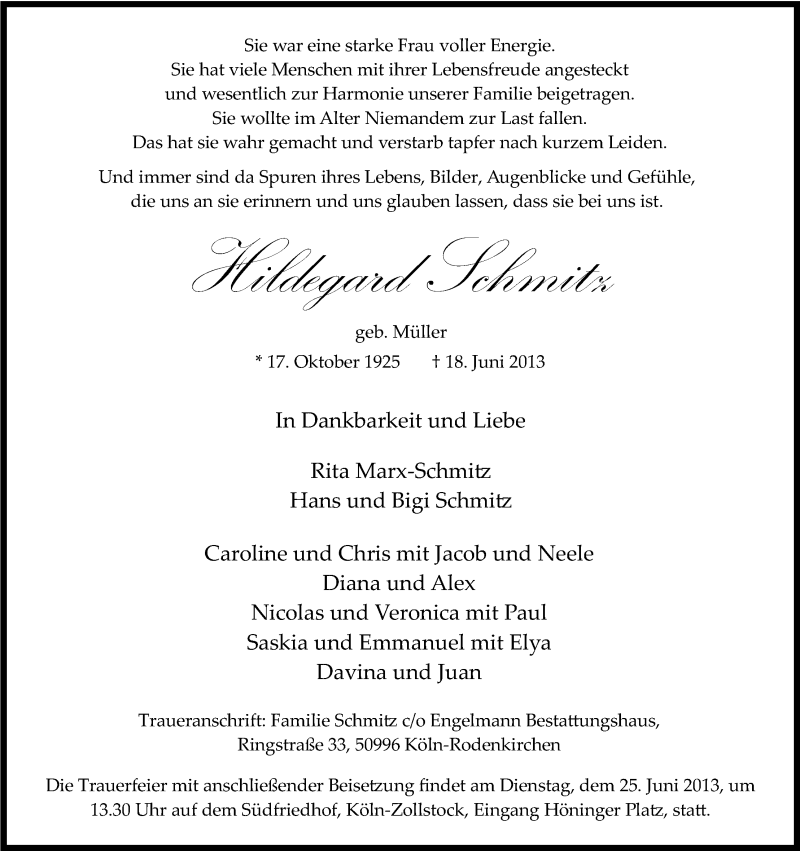  Traueranzeige für Hildegard Schmitz vom 22.06.2013 aus Kölner Stadt-Anzeiger / Kölnische Rundschau / Express