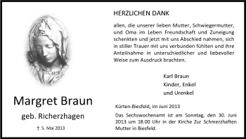 Anzeige von Margret Braun von Kölner Stadt-Anzeiger / Kölnische Rundschau / Express