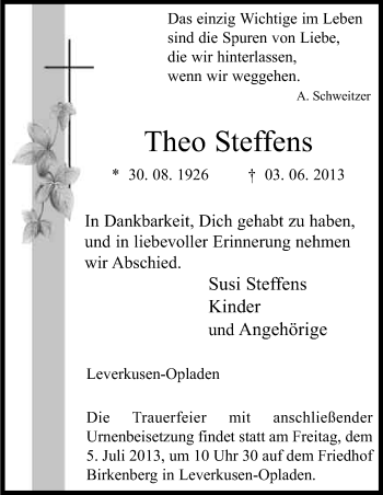 Anzeige von Theo Steffens von Kölner Stadt-Anzeiger / Kölnische Rundschau / Express