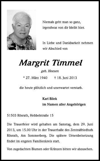 Anzeige von Margrit Timmel von Kölner Stadt-Anzeiger / Kölnische Rundschau / Express