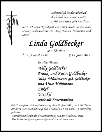 Anzeige von Linda Goldbecker von Kölner Stadt-Anzeiger / Kölnische Rundschau / Express