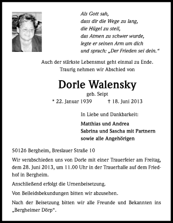 Anzeige von Dorle Walensky von Kölner Stadt-Anzeiger / Kölnische Rundschau / Express